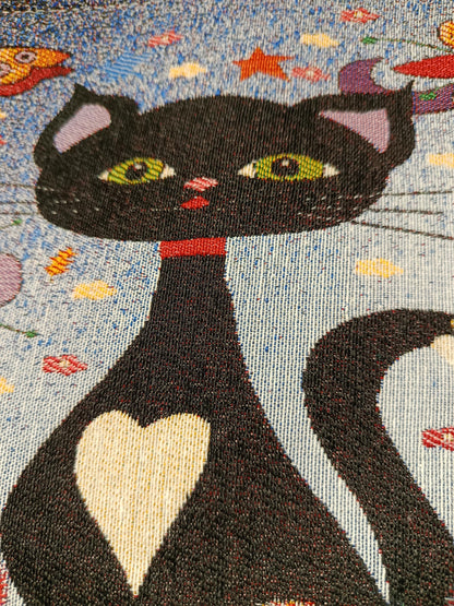 Black Cat Tapestry Clutch: Whimsical Floral Pouch Bag, Handmade in Türkiye