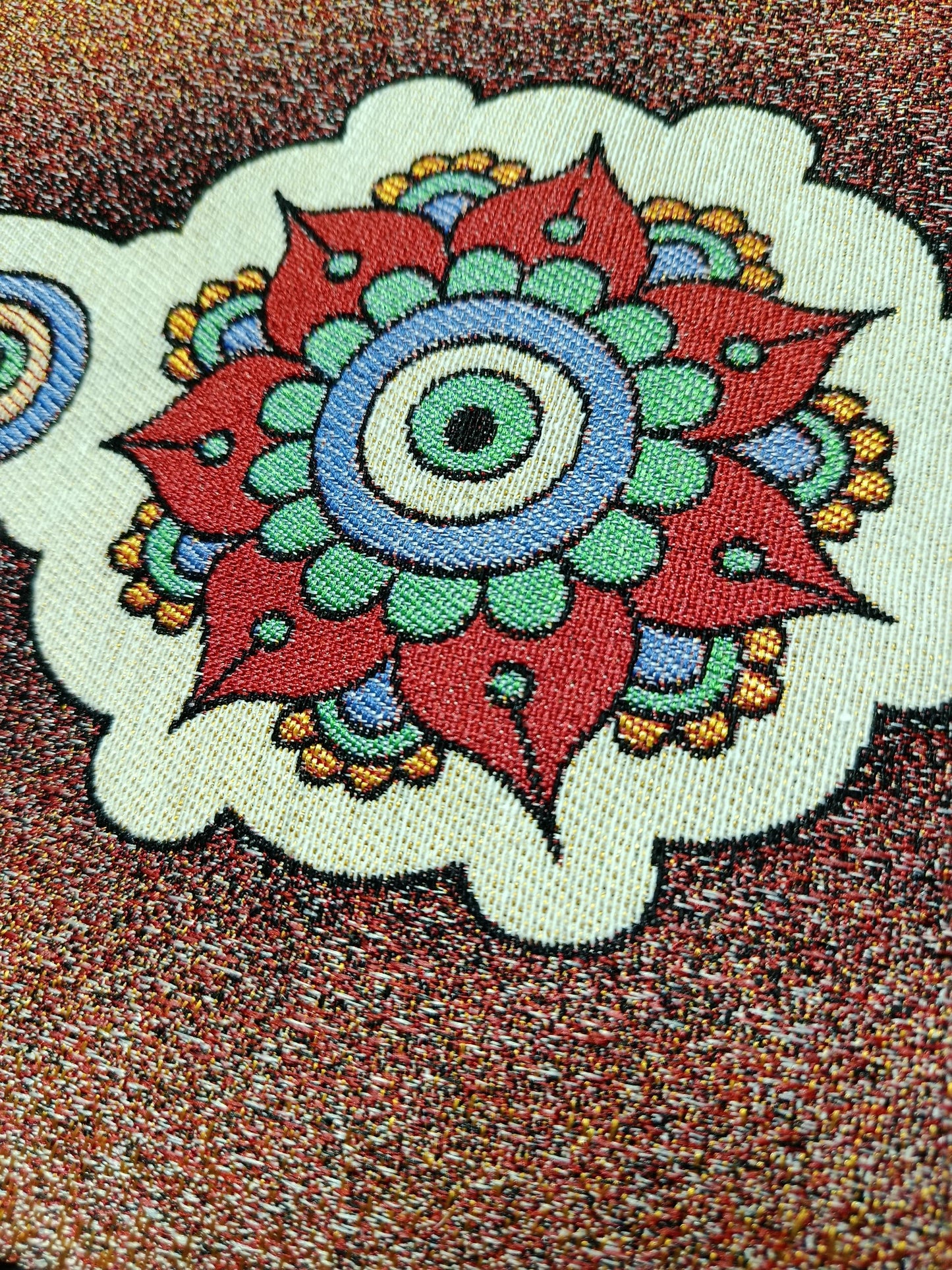 Mandala Evil Eye Tapestry Clutch: Red Glitter Gobelin Pouch, Handmade in Türkiye