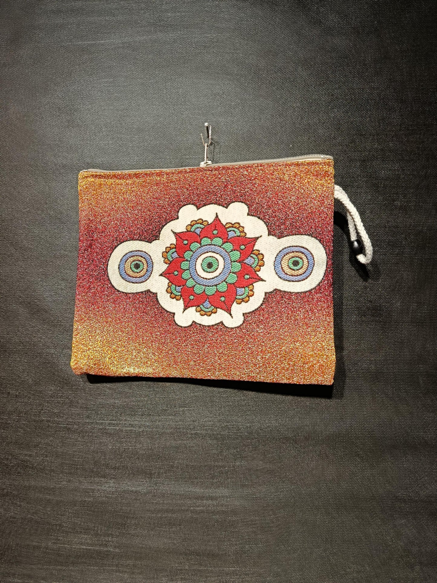 Mandala Evil Eye Tapestry Clutch: Red Glitter Gobelin Pouch, Handmade in Türkiye