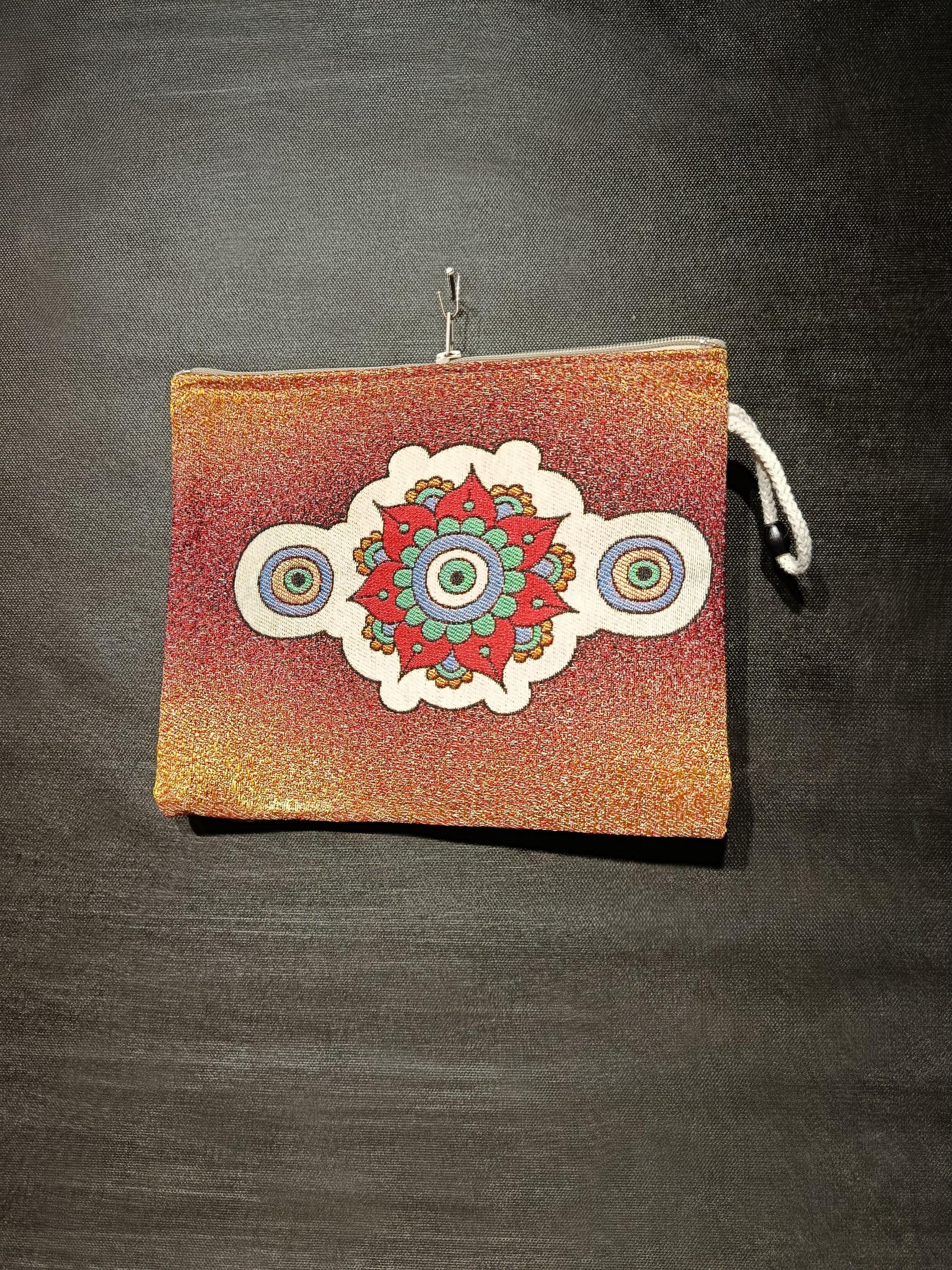Mandala Evil Eye Tapestry Clutch: Red Glitter Gobelin Pouch, Handmade in Türkiye