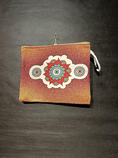 Mandala Evil Eye Tapestry Clutch: Red Glitter Gobelin Pouch, Handmade in Türkiye