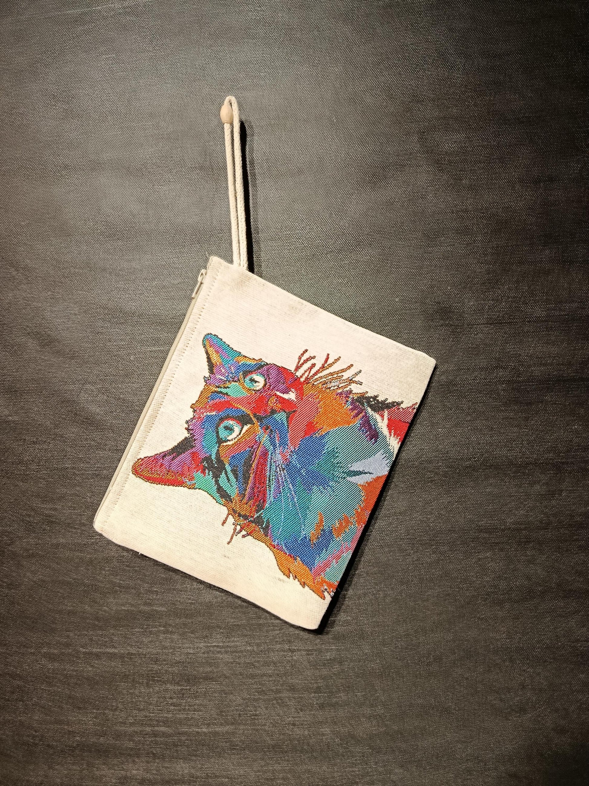 Pop Art Cat Tapestry Clutch: Handmade Gobelin Pouch with Wood Bead
