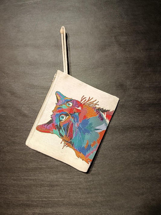 Pop Art Cat Tapestry Clutch: Handmade Gobelin Pouch with Wood Bead