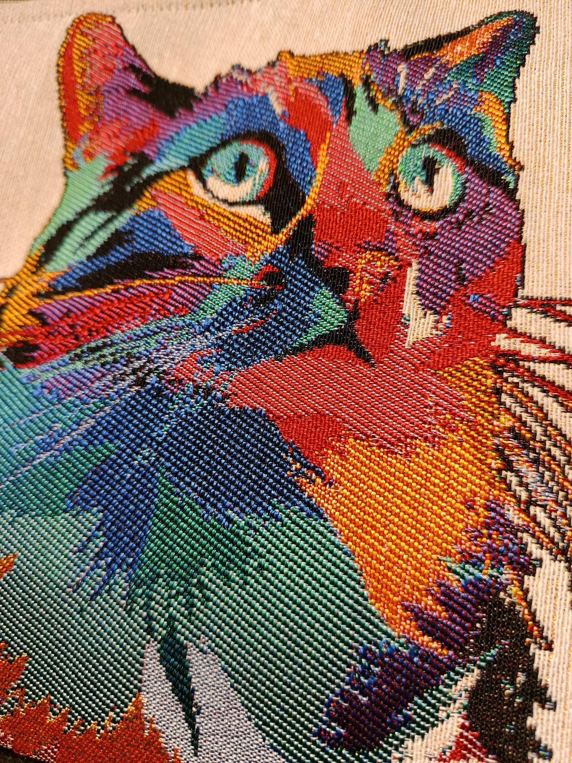 Pop Art Cat Tapestry Clutch: Handmade Gobelin Pouch with Wood Bead