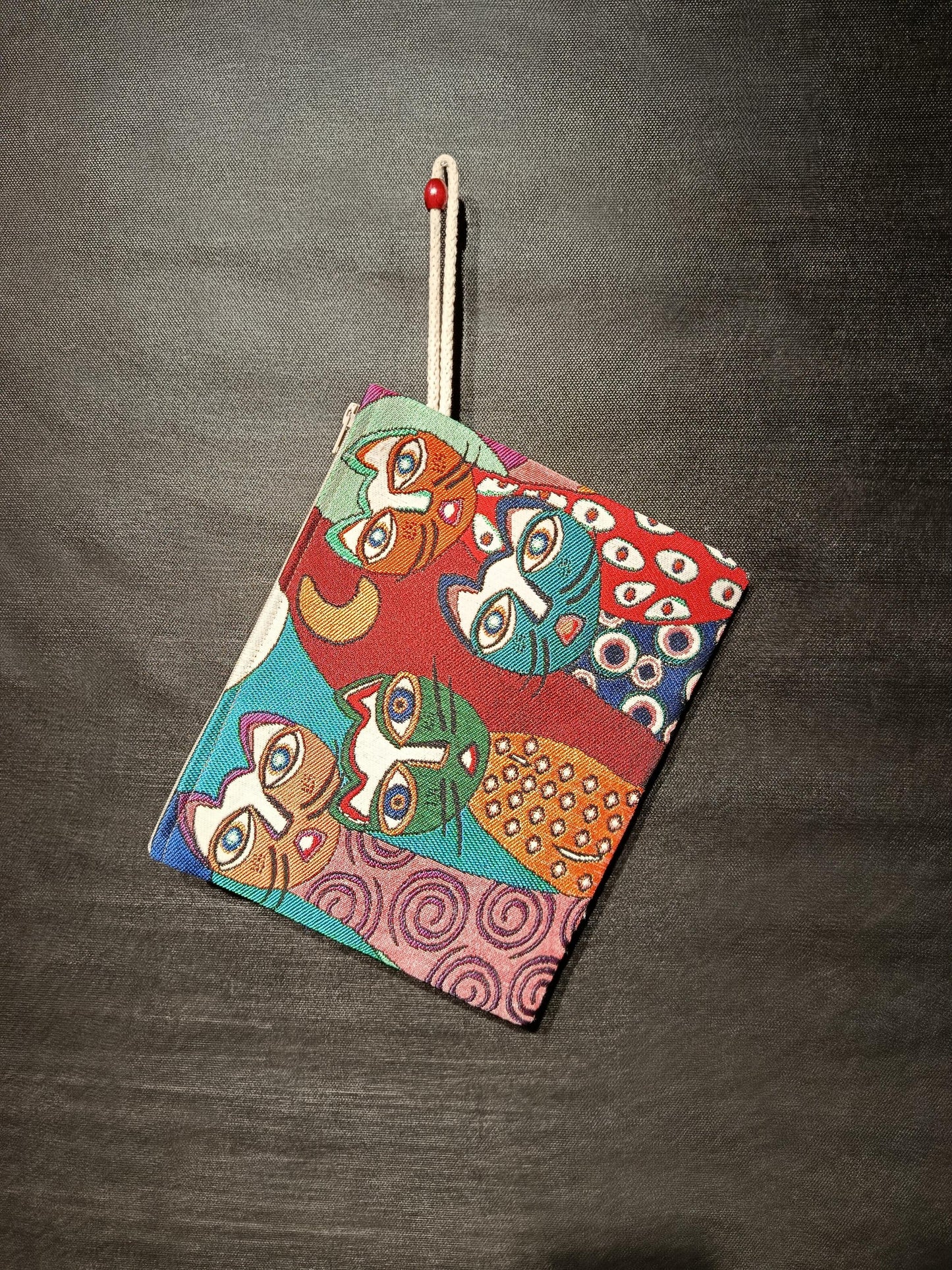 Cat Faces Tapestry Clutch: Colorful Abstract Cats, Handmade Zip Pouch