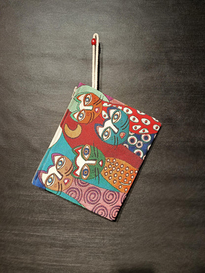 Cat Faces Tapestry Clutch: Colorful Abstract Cats, Handmade Zip Pouch