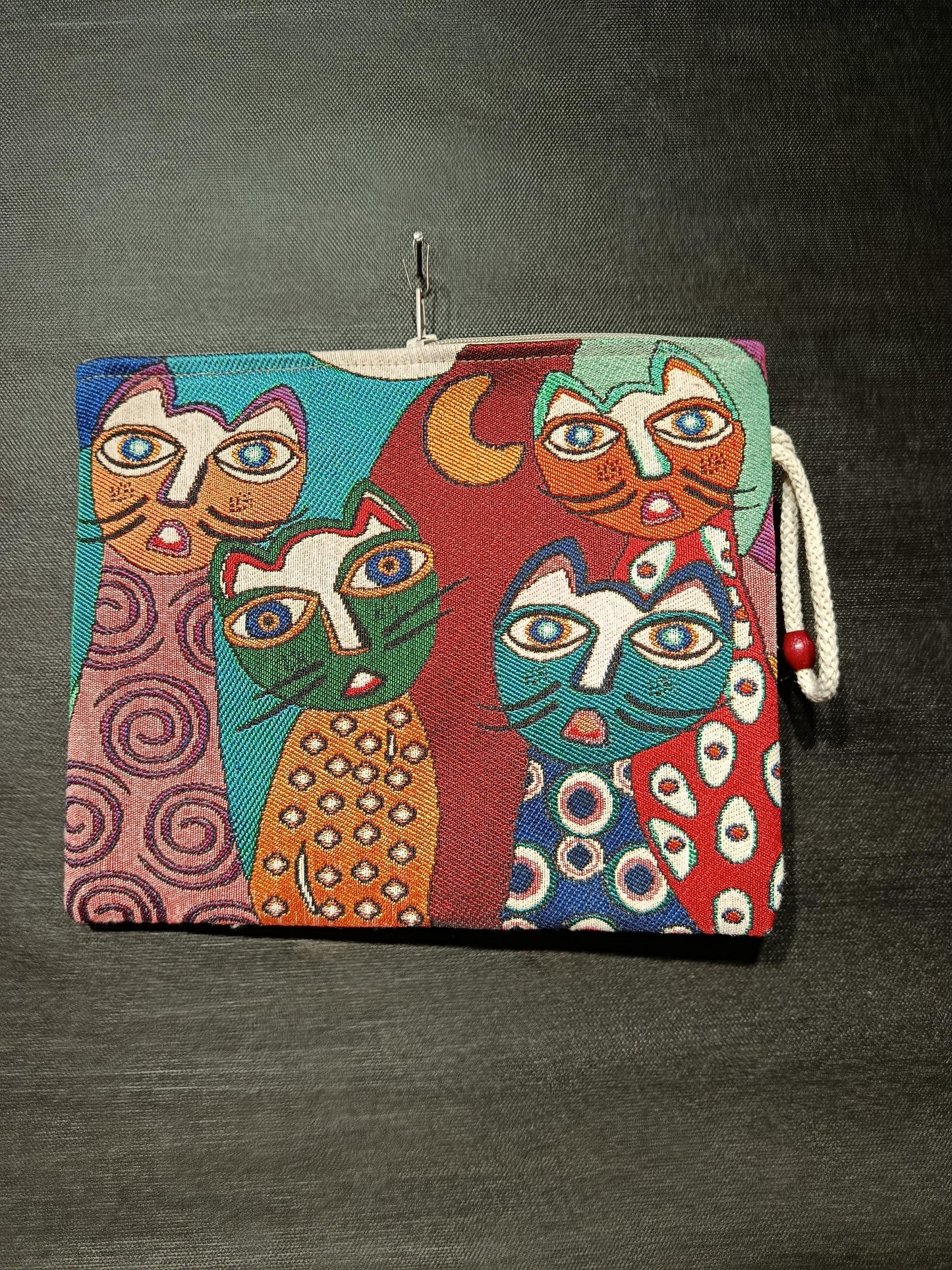Cat Faces Tapestry Clutch: Colorful Abstract Cats, Handmade Zip Pouch