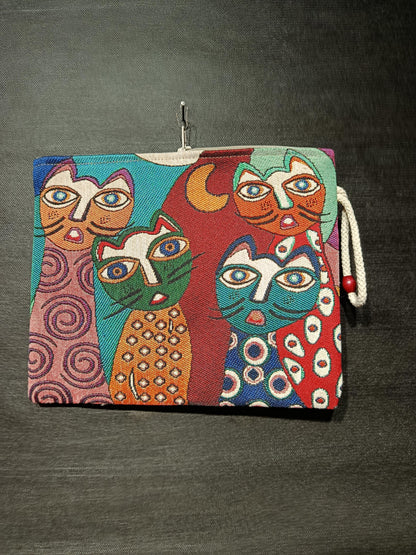 Cat Faces Tapestry Clutch: Colorful Abstract Cats, Handmade Zip Pouch