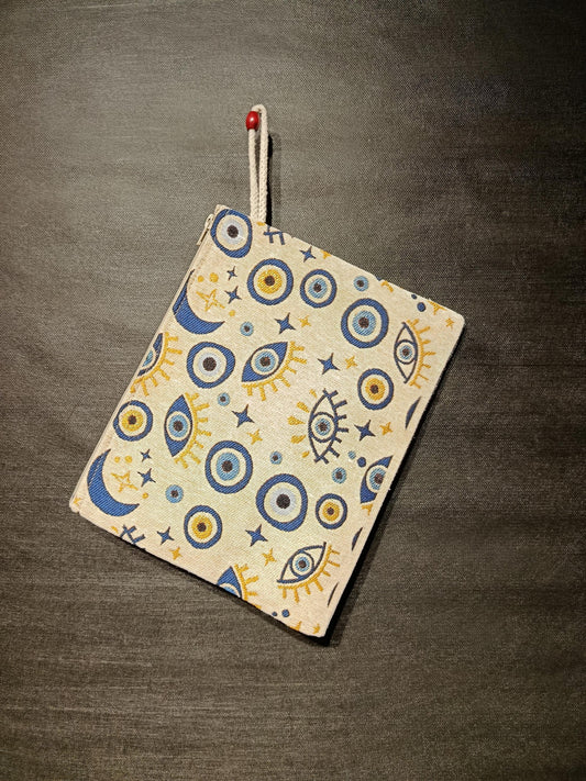 Celestial Evil Eye Clutch: Turkish Tapestry Pouch with Moon & Star