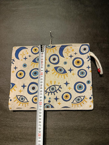 Celestial Evil Eye Clutch: Turkish Tapestry Pouch with Moon & Star