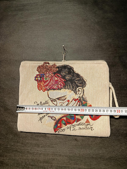 Frida Kahlo Tapestry Clutch: Floral Crown Art Pouch, Handmade in Türkiye