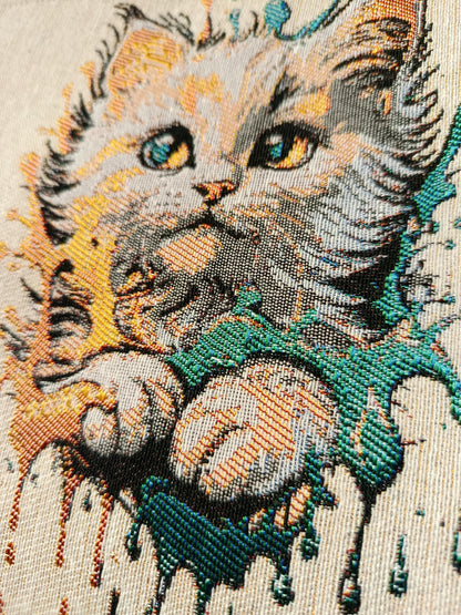 Watercolor Kitten Tapestry Clutch: Handmade Zip Pouch with Beaded Handle