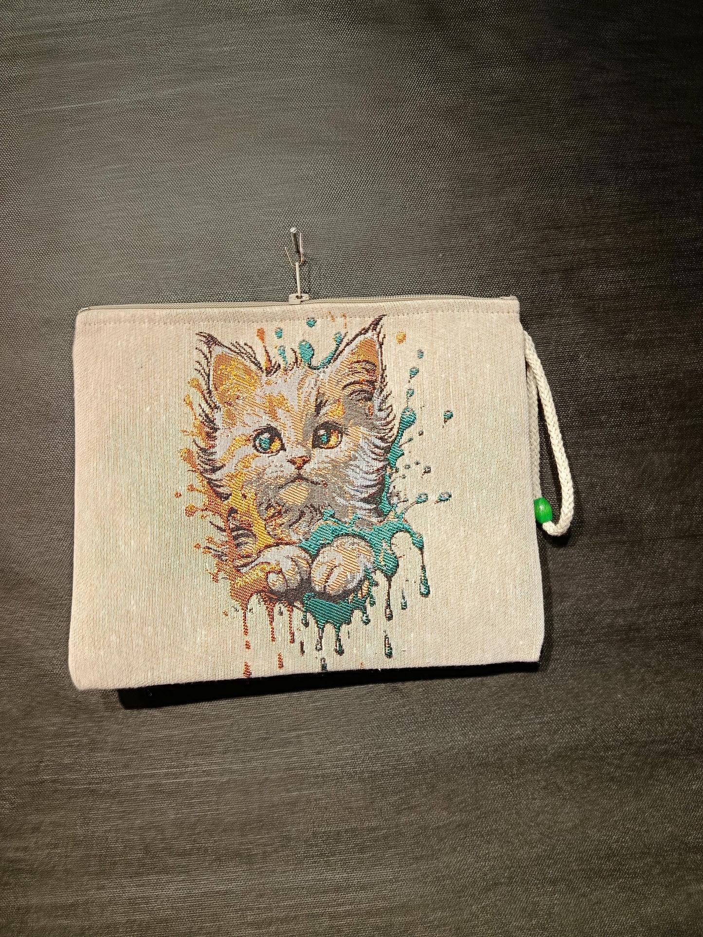 Watercolor Kitten Tapestry Clutch: Handmade Zip Pouch with Beaded Handle