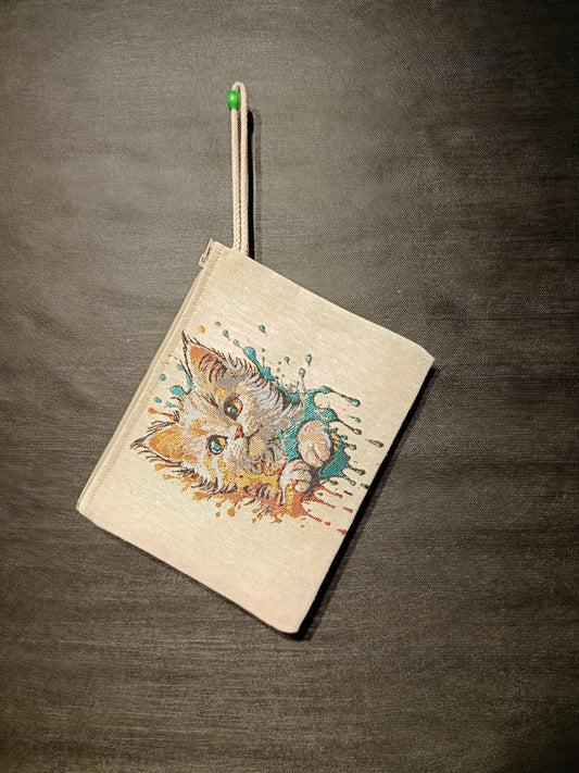Watercolor Kitten Tapestry Clutch: Handmade Zip Pouch with Beaded Handle