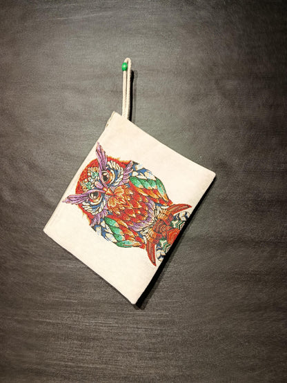 Owl Tapestry Clutch Bag: Boho Zippered Pouch with Wrist Strap