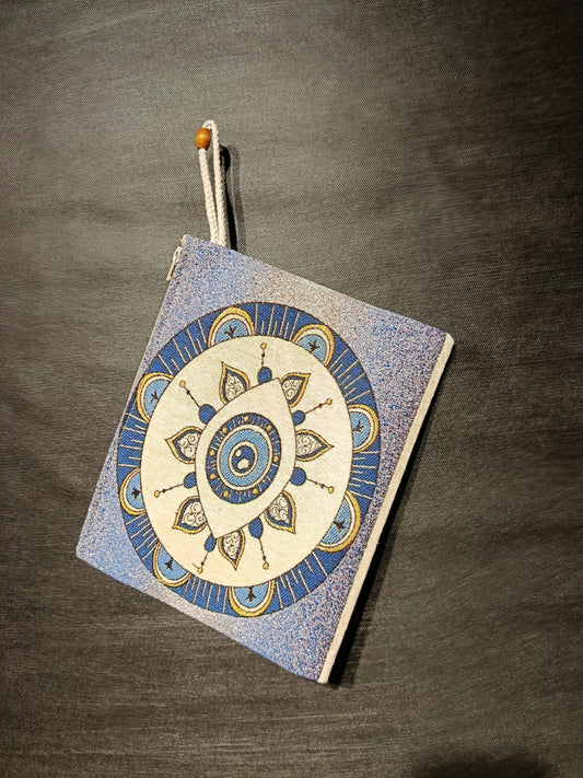 Mandala Evil Eye Clutch Bag: Blue Gobelin Tapestry Wristlet - Turkish Boho Purse