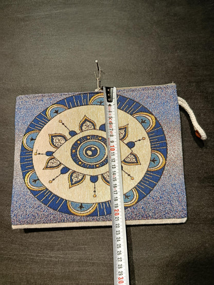Mandala Evil Eye Clutch Bag: Blue Gobelin Tapestry Wristlet - Turkish Boho Purse