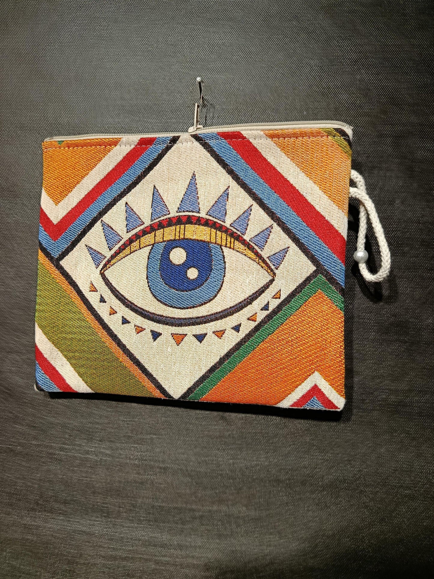 Geometric Evil Eye Clutch: Gobelin Tapestry Wristlet - Turkish Nazar Charm