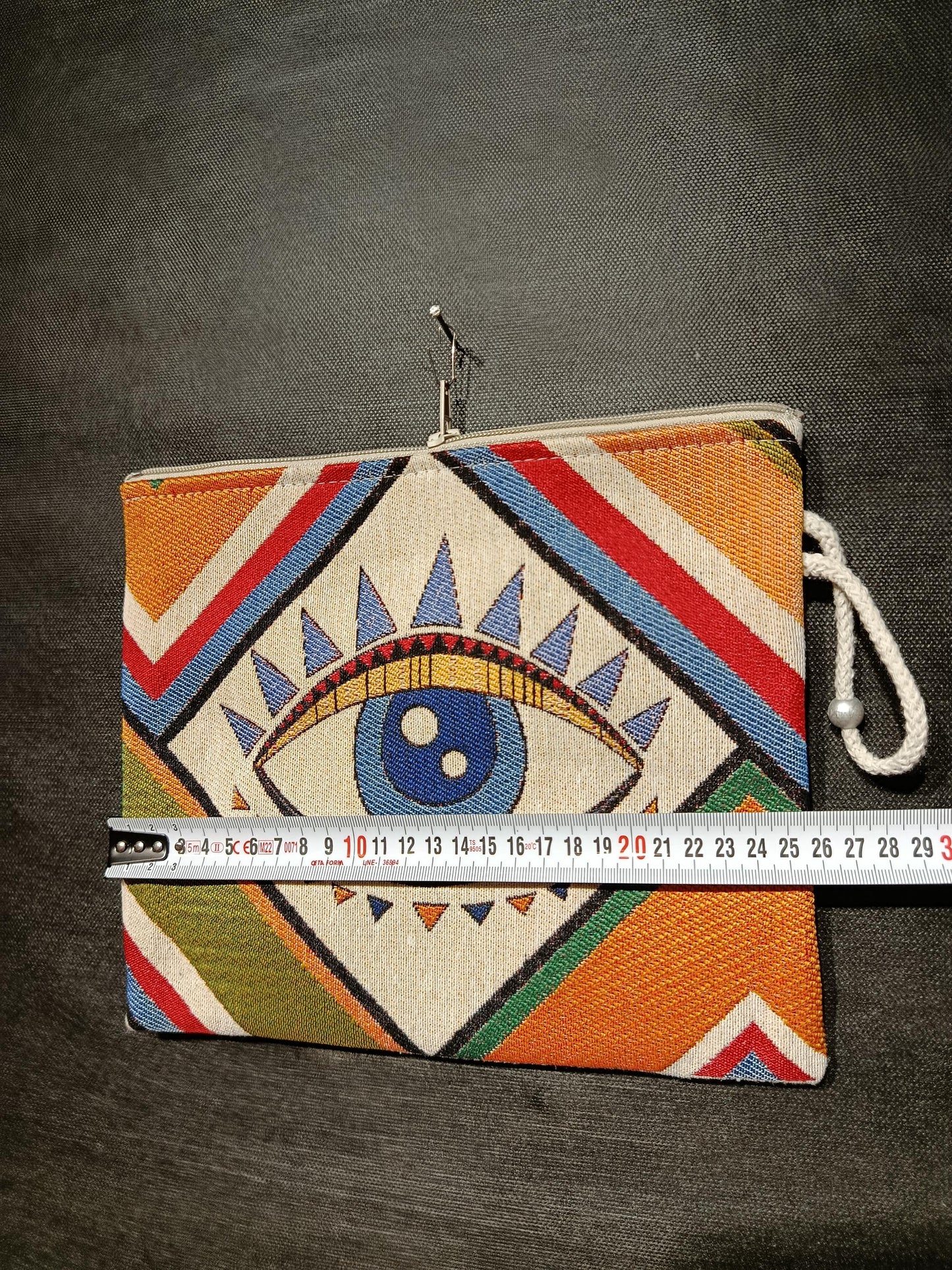 Geometric Evil Eye Clutch: Gobelin Tapestry Wristlet - Turkish Nazar Charm