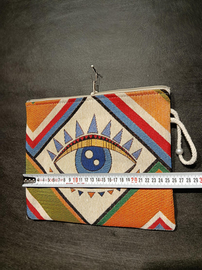 Geometric Evil Eye Clutch: Gobelin Tapestry Wristlet - Turkish Nazar Charm