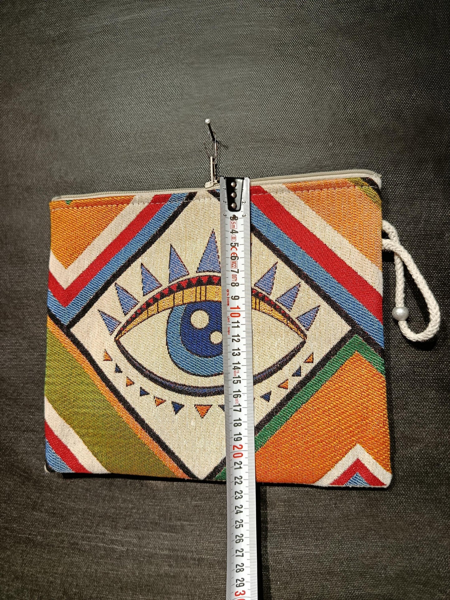 Geometric Evil Eye Clutch: Gobelin Tapestry Wristlet - Turkish Nazar Charm