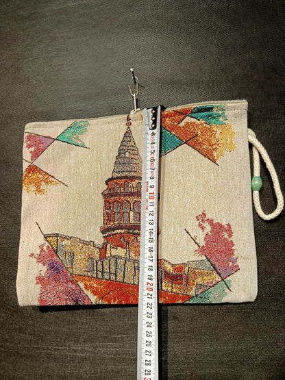 Galata Tower Tapestry Clutch: Istanbul Souvenir Zip Pouch