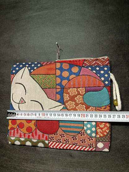 Patchwork Cat Clutch: Handmade Gobelin Zip Bag - Boho Wristlet