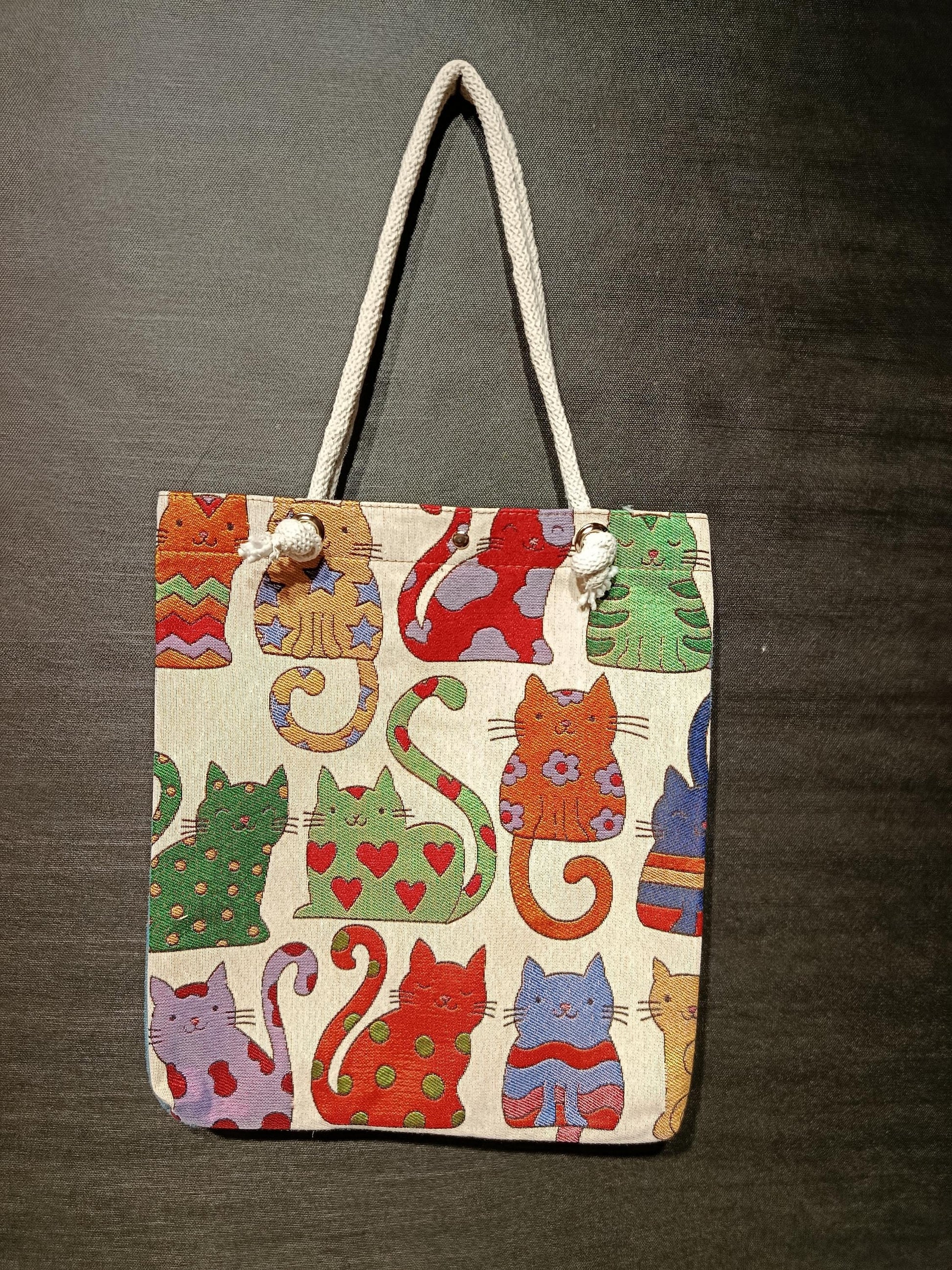 Handmade Cat Print Shoulder Bag: Organic Cotton Blend Tote