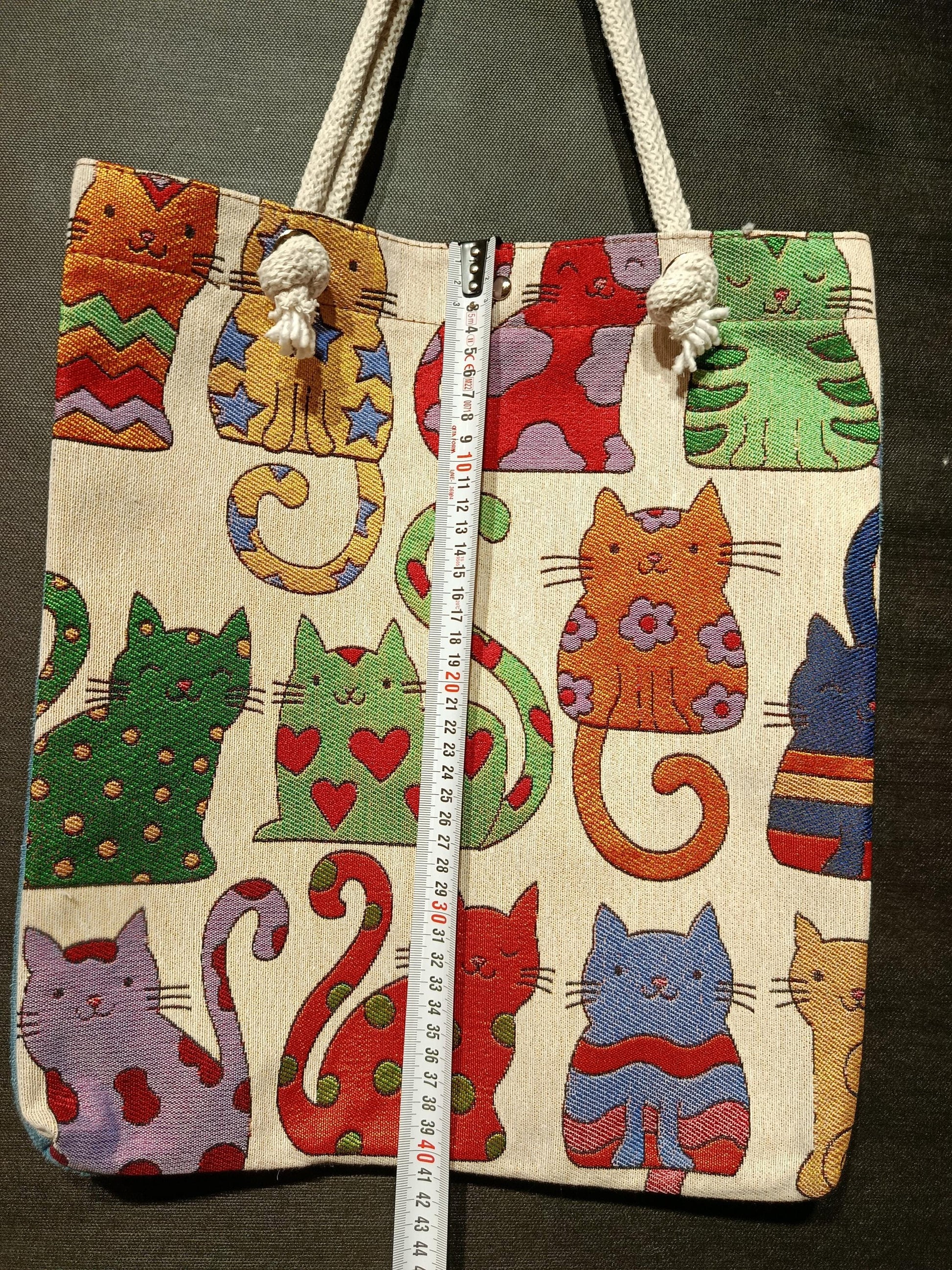 Handmade Cat Print Shoulder Bag: Organic Cotton Blend Tote