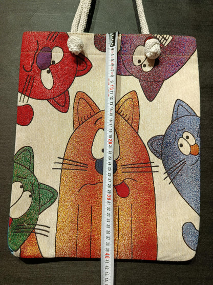Handmade Cotton Shoulder Bag: Cartoon Cats Tote
