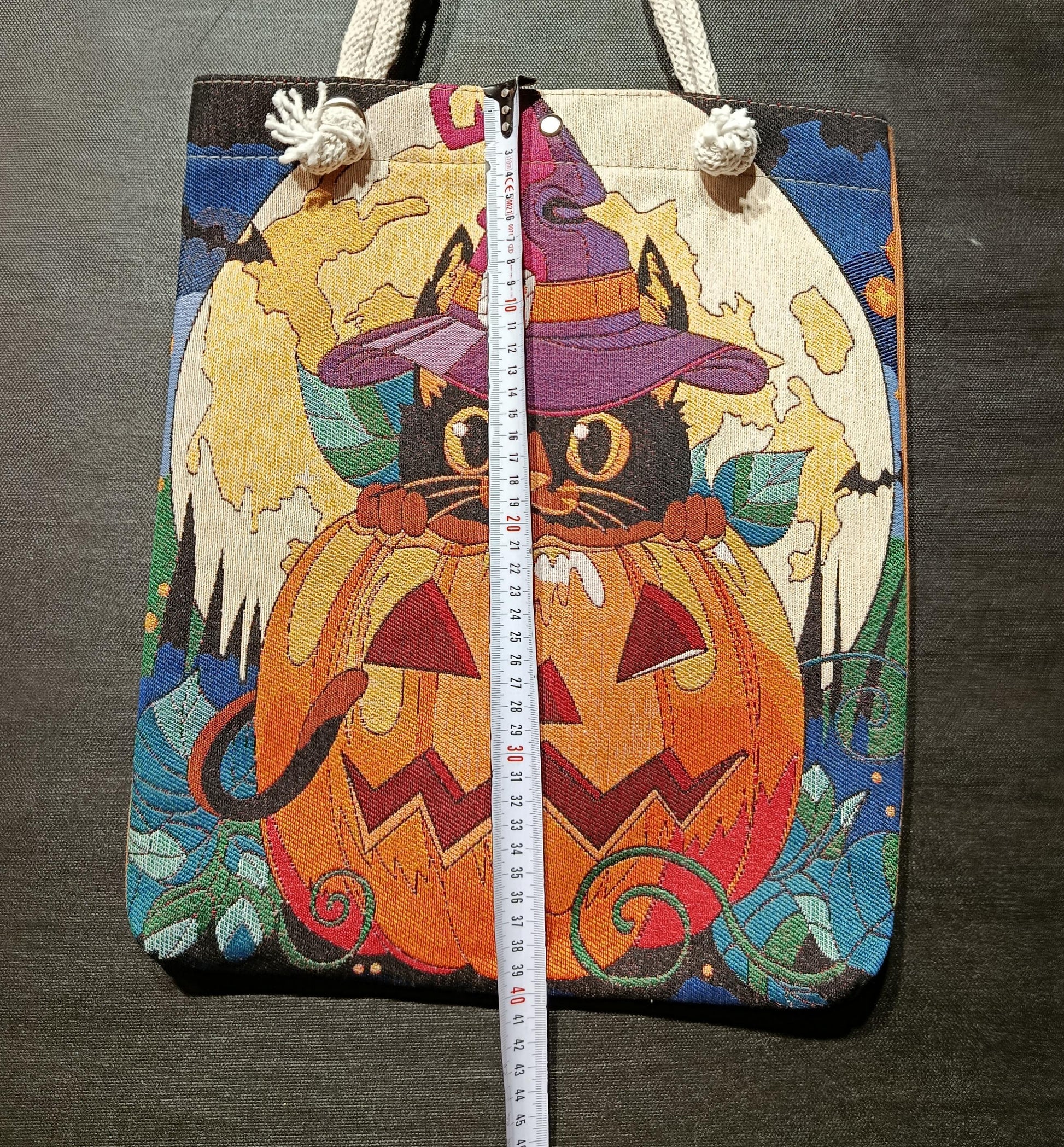 Handmade Halloween Tote Bag: Black Cat Pumpkin Design