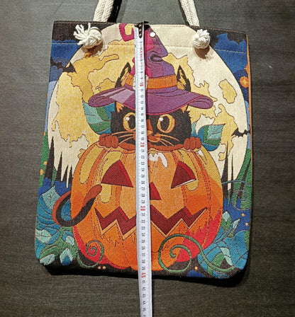 Handmade Halloween Tote Bag: Black Cat Pumpkin Design