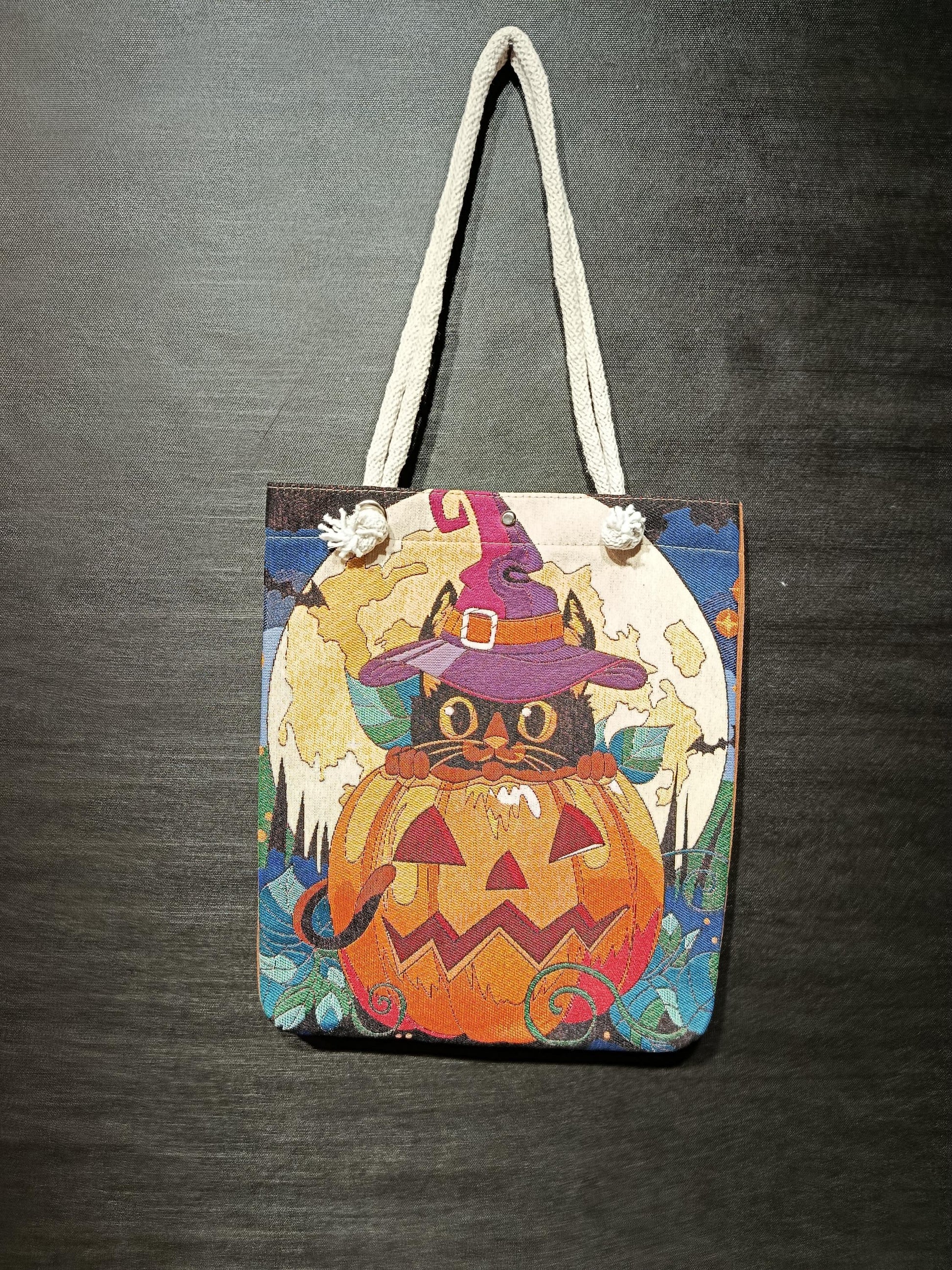 Handmade Halloween Tote Bag: Black Cat Pumpkin Design
