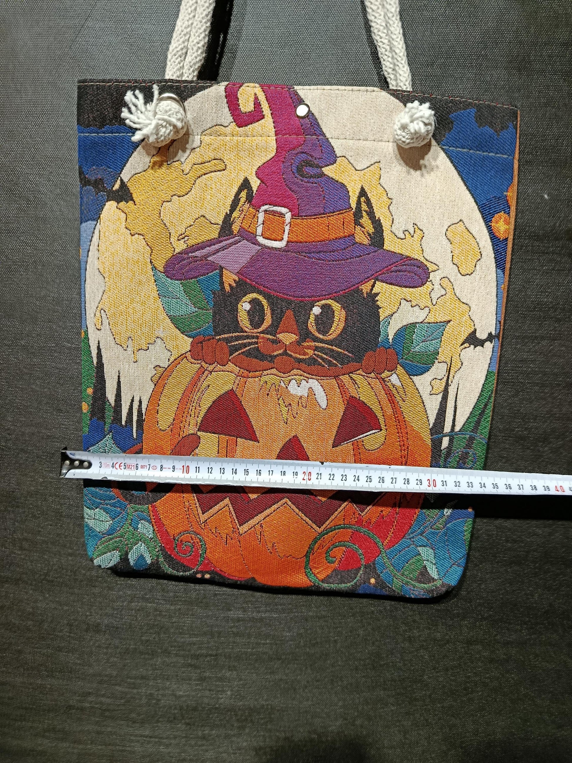 Handmade Halloween Tote Bag: Black Cat Pumpkin Design