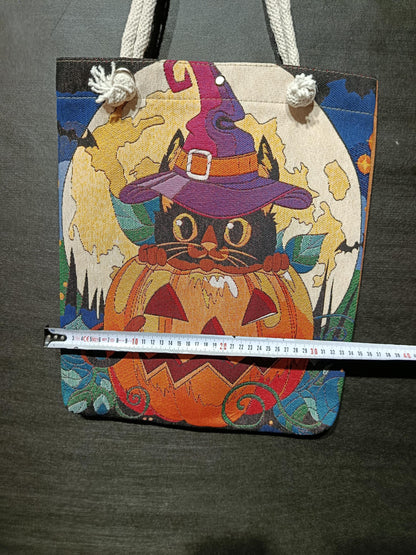 Handmade Halloween Tote Bag: Black Cat Pumpkin Design