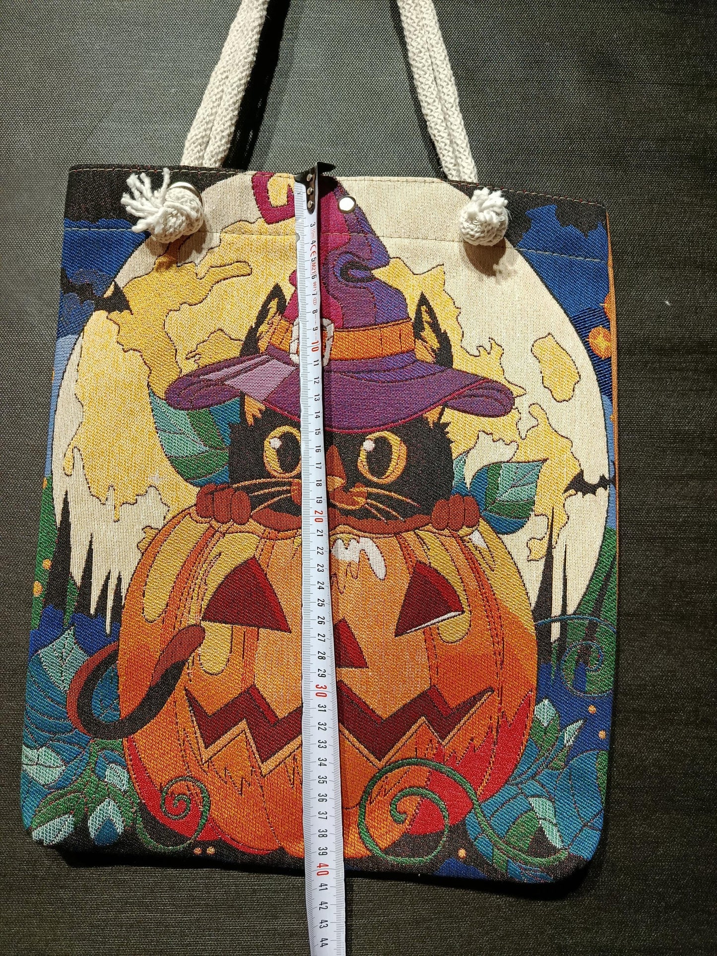 Handmade Halloween Tote Bag: Black Cat Pumpkin Design