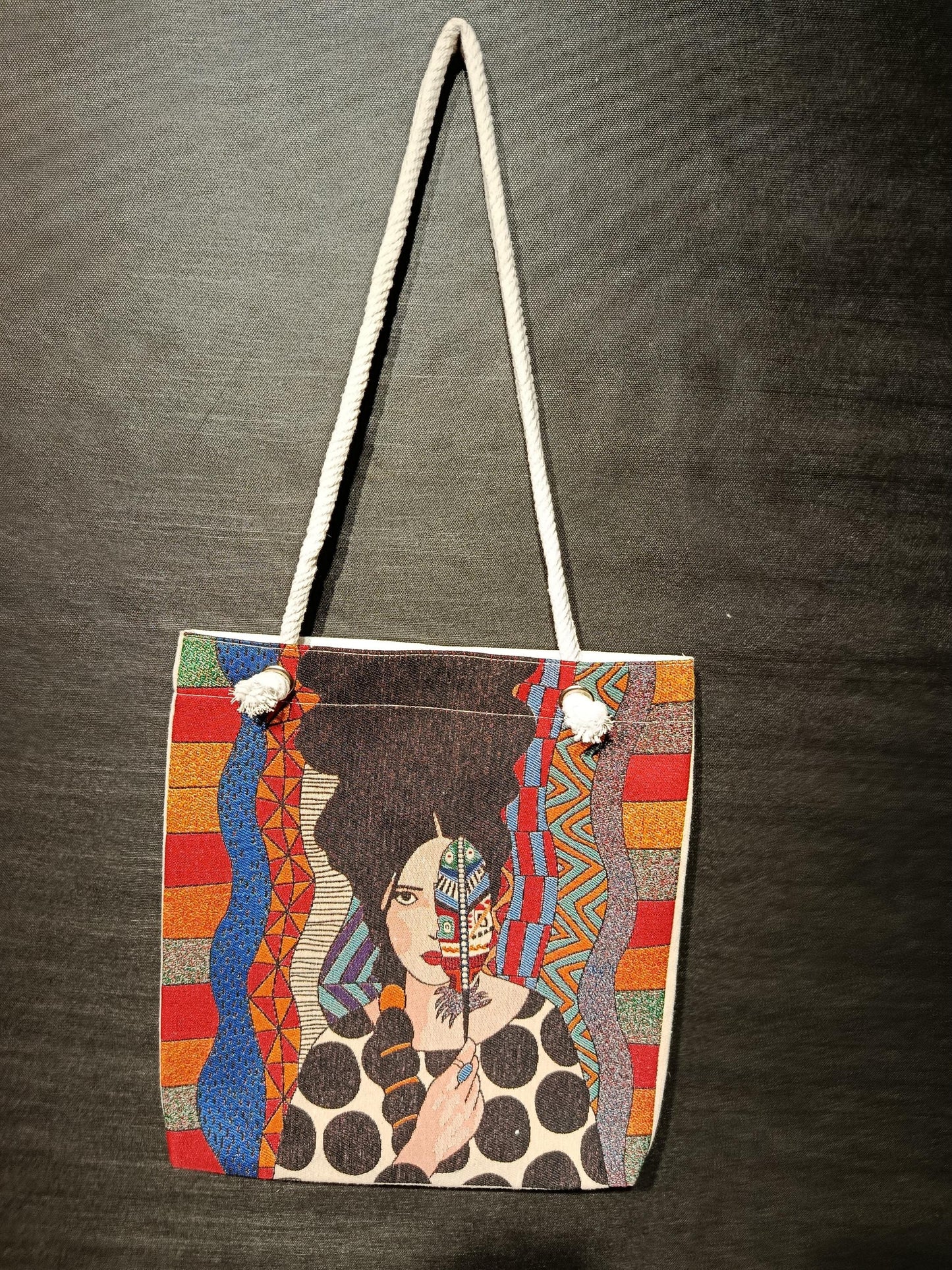 Boho Portrait Tote Bag: Abstract Gobelin Fabric, Handmade Turkish Art