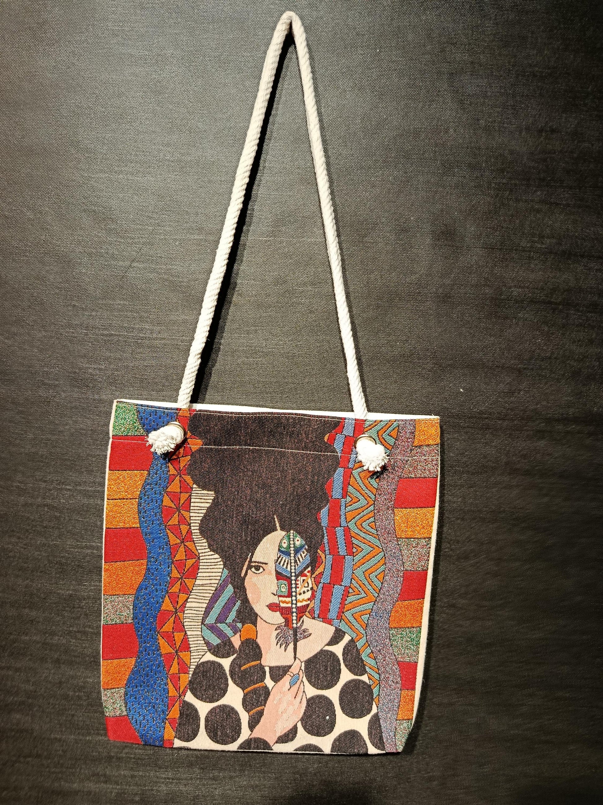 Boho Portrait Tote Bag: Abstract Gobelin Fabric, Handmade Turkish Art