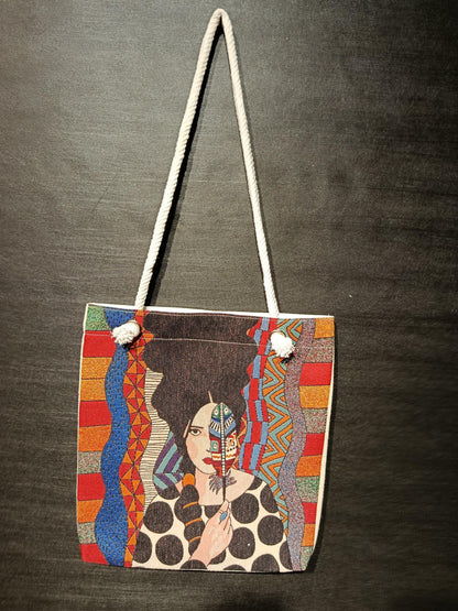 Boho Portrait Tote Bag: Abstract Gobelin Fabric, Handmade Turkish Art
