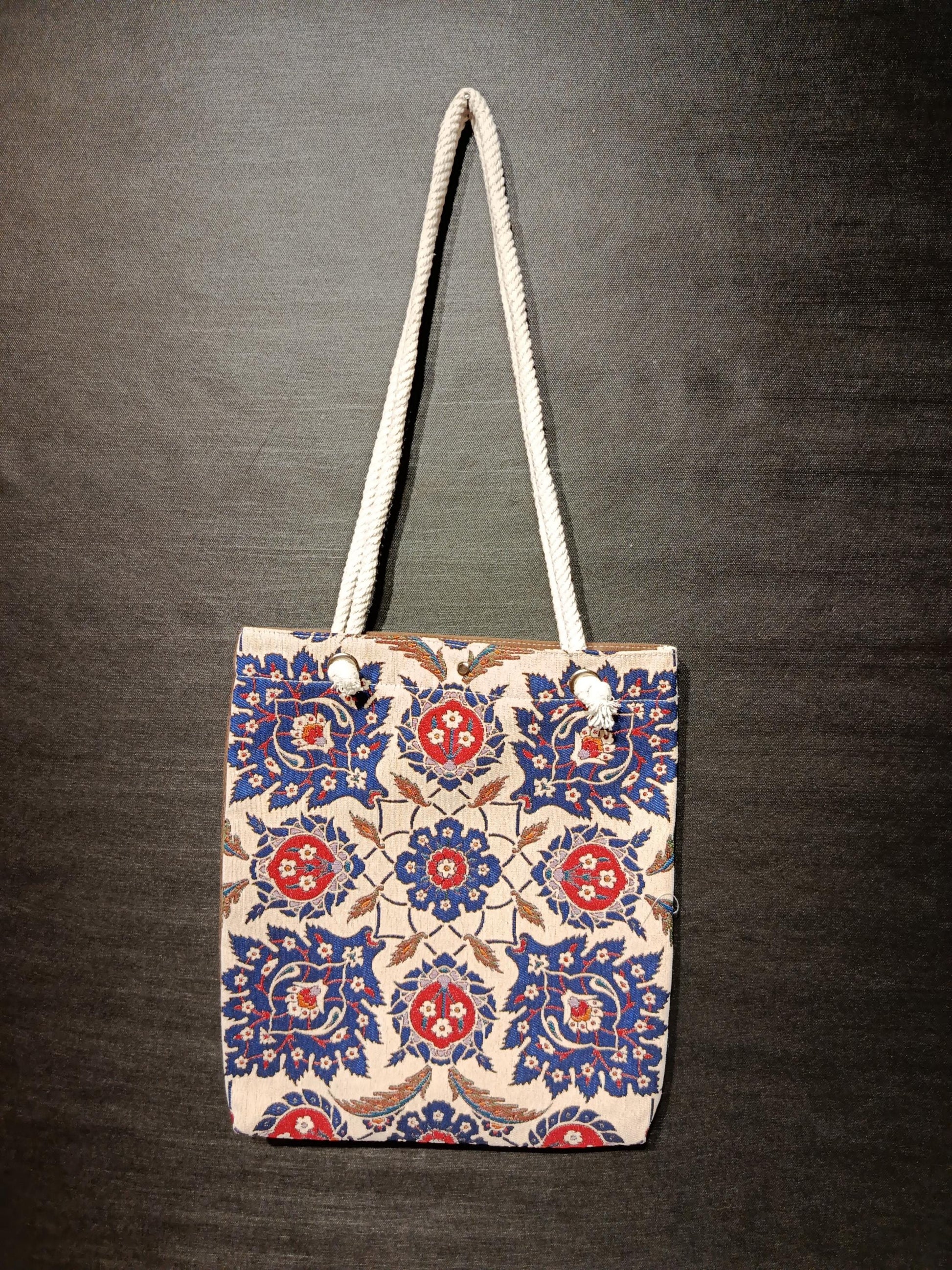 Handmade Floral Shoulder Bag: Blue Patterned Tote