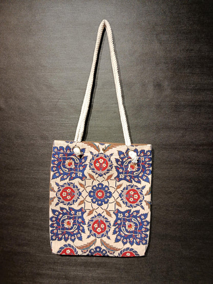 Handmade Floral Shoulder Bag: Blue Patterned Tote