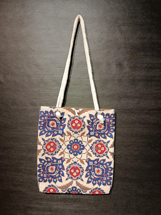 Handmade Floral Shoulder Bag: Blue Patterned Tote
