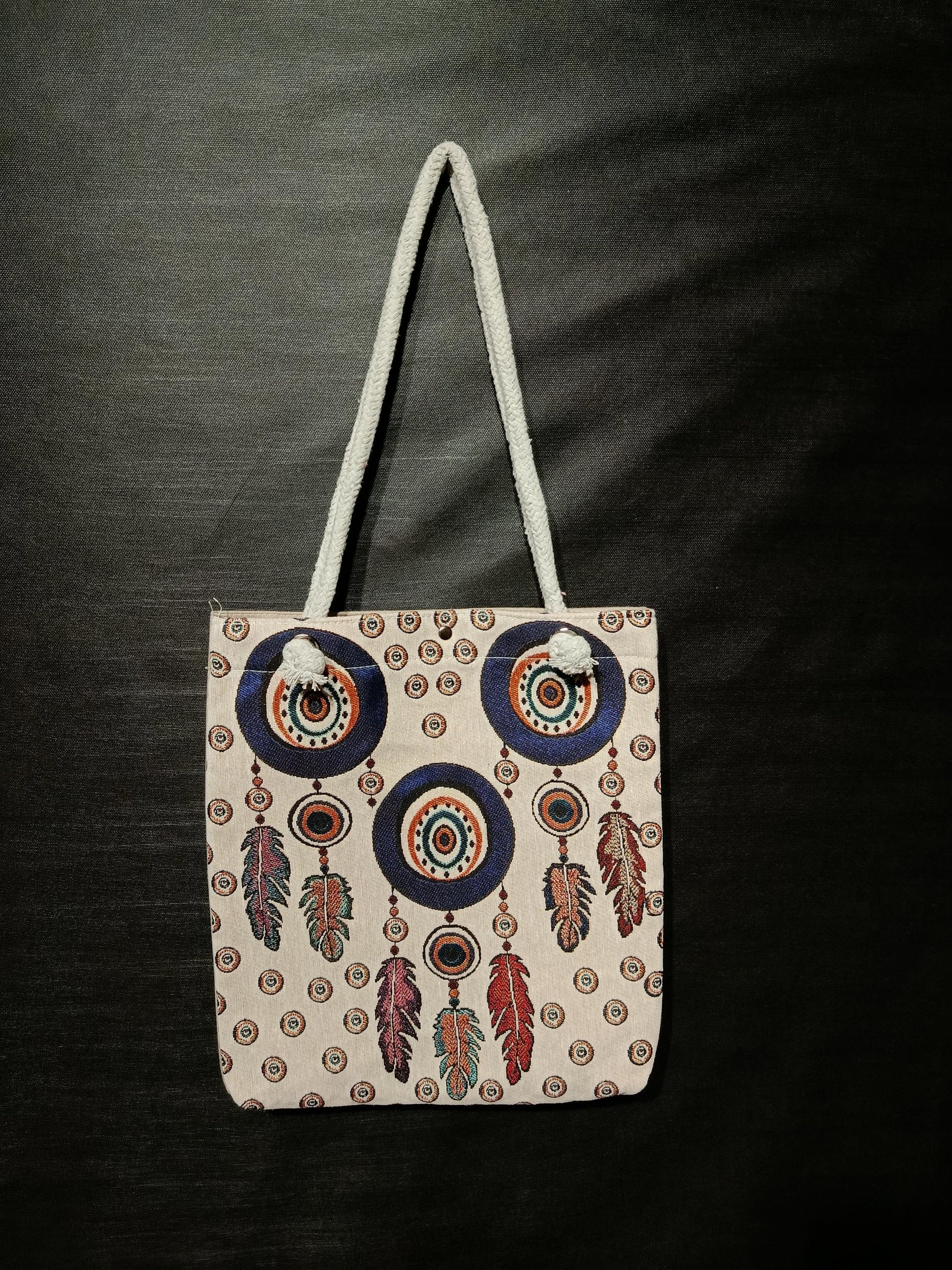 Embroidered Dreamcatcher Canvas Tote Bag: Boho Feather Design
