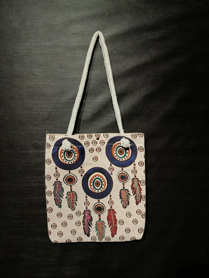 Embroidered Dreamcatcher Canvas Tote Bag: Boho Feather Design