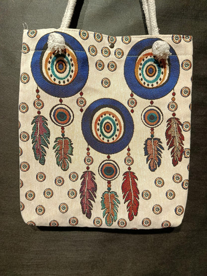 Embroidered Dreamcatcher Canvas Tote Bag: Boho Feather Design