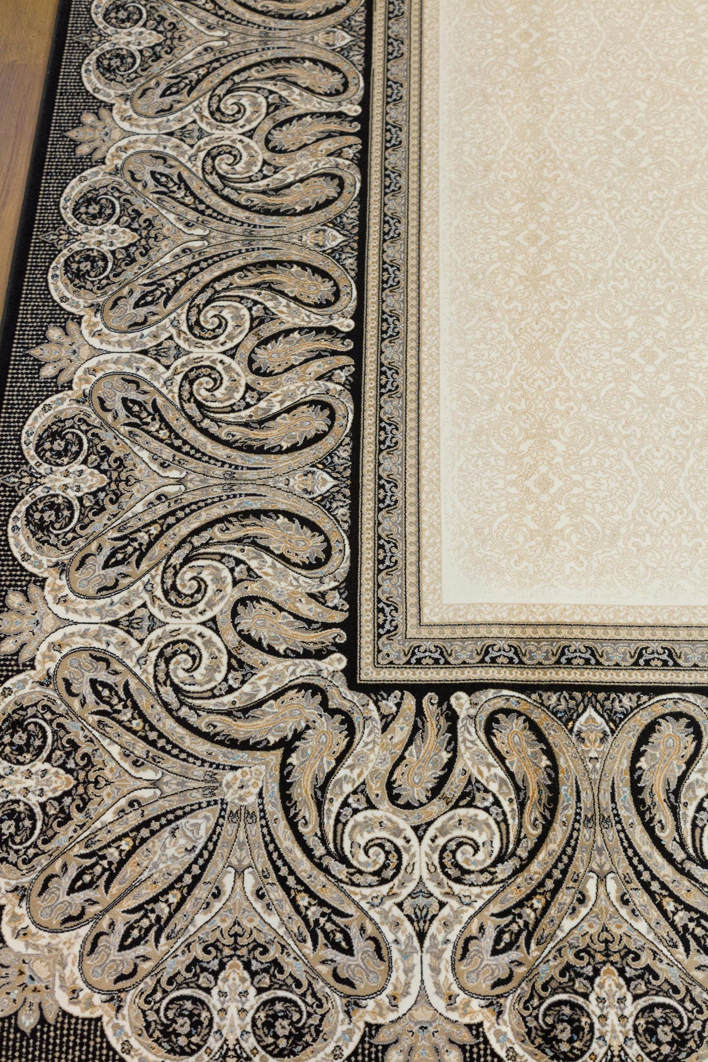 7x10 ft, Black Classic Silk Rug with paisley desing on the border, fine fringes