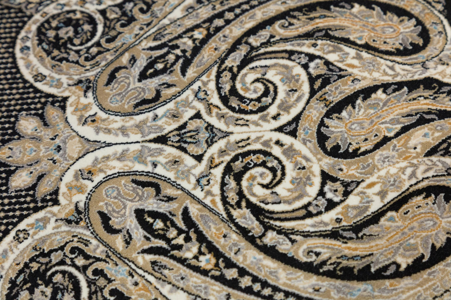 7x10 ft, Black Classic Silk Rug with paisley desing on the border, fine fringes