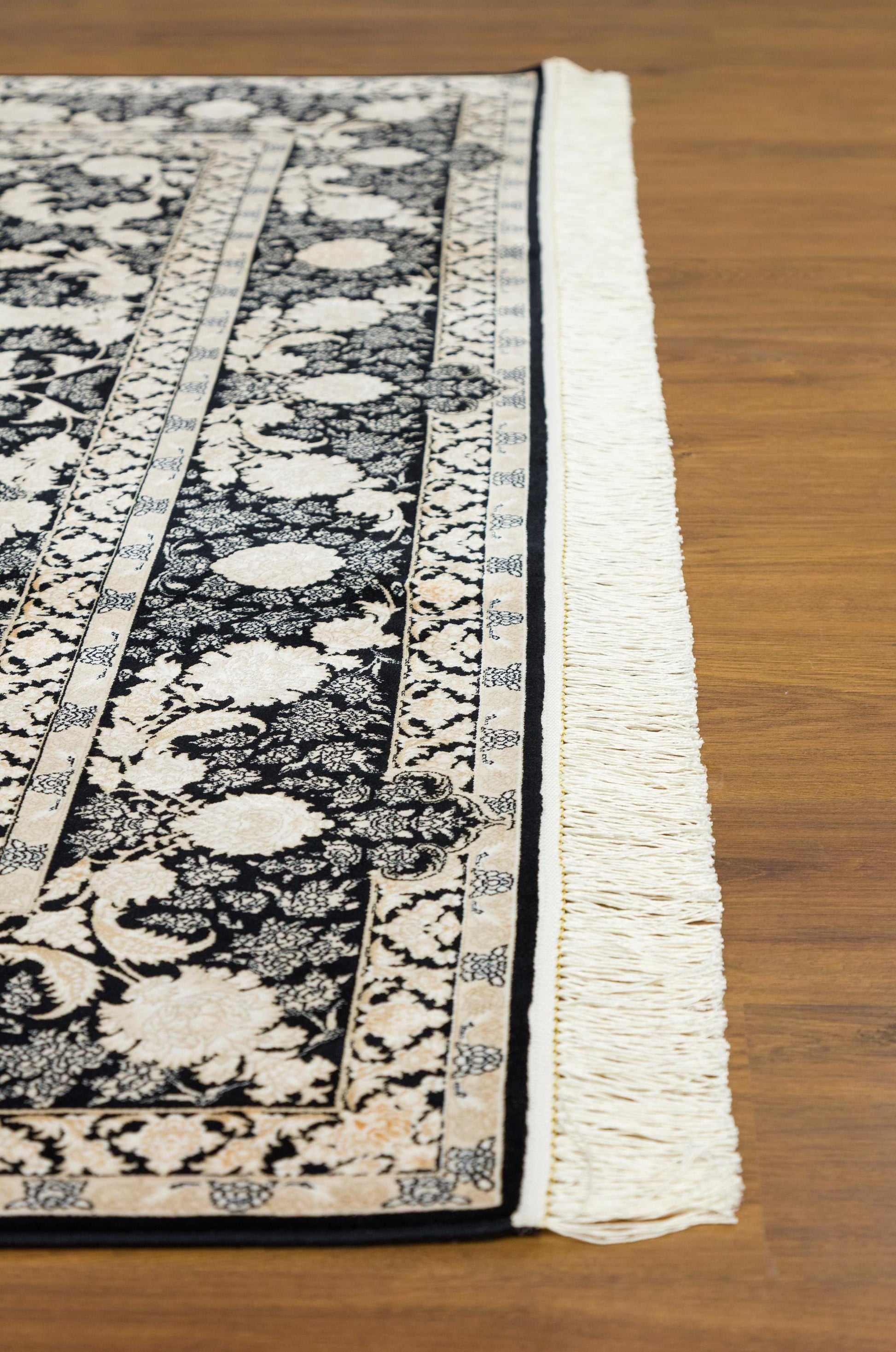 8x11 ft, Classic Black Silk Rug: Oriental black fine carpet with Fringes