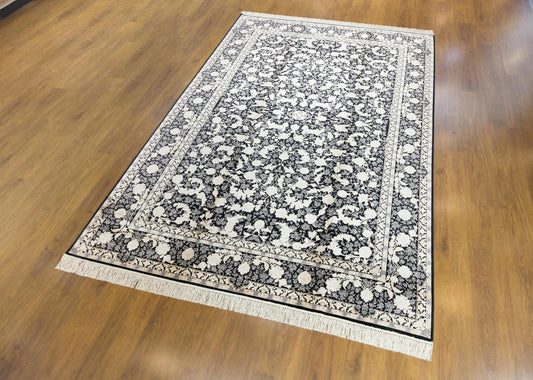 8x11 ft, Classic Black Silk Rug: Oriental black fine carpet with Fringes