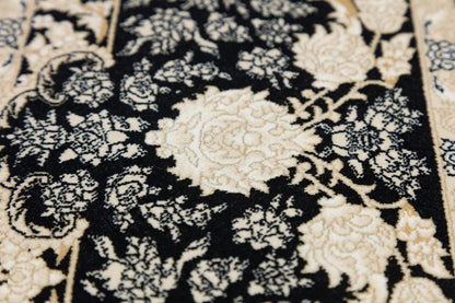 7x10 ft, Classic Black Silk Rug: Oriental black fine carpet with Fringes